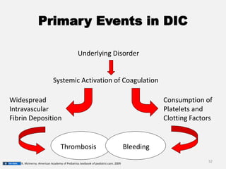Primary Events in DIC
Underlying Disorder
Systemic Activation of Coagulation
Widespread
Intravascular
Fibrin Deposition
Consumption of
Platelets and
Clotting Factors
Thrombosis Bleeding
52
K. McInerny. American Academy of Pediatrics textbook of pediatric care. 2009
 
