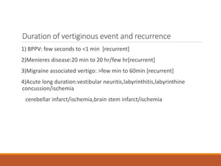 Duration of vertiginous event and recurrence
1) BPPV: few seconds to <1 min [recurrent]
2)Menieres disease:20 min to 20 hr/few hr[recurrent]
3)Migraine associated vertigo: >few min to 60min [recurrent]
4)Acute long duration:vestibular neuritis,labyrinthitis,labyrinthine
concussion/ischemia
cerebellar infarct/ischemia,brain stem infarct/ischemia
 