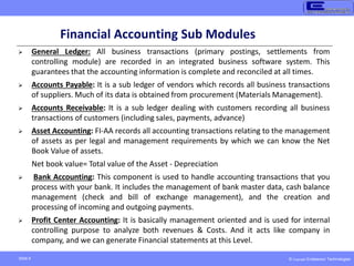 © Copyright Endeavour Technologies
Slide 6
Financial Accounting Sub Modules
 General Ledger: All business transactions (primary postings, settlements from
controlling module) are recorded in an integrated business software system. This
guarantees that the accounting information is complete and reconciled at all times.
 Accounts Payable: It is a sub ledger of vendors which records all business transactions
of suppliers. Much of its data is obtained from procurement (Materials Management).
 Accounts Receivable: It is a sub ledger dealing with customers recording all business
transactions of customers (including sales, payments, advance)
 Asset Accounting: FI-AA records all accounting transactions relating to the management
of assets as per legal and management requirements by which we can know the Net
Book Value of assets.
Net book value= Total value of the Asset - Depreciation
 Bank Accounting: This component is used to handle accounting transactions that you
process with your bank. It includes the management of bank master data, cash balance
management (check and bill of exchange management), and the creation and
processing of incoming and outgoing payments.
 Profit Center Accounting: It is basically management oriented and is used for internal
controlling purpose to analyze both revenues & Costs. And it acts like company in
company, and we can generate Financial statements at this Level.
 