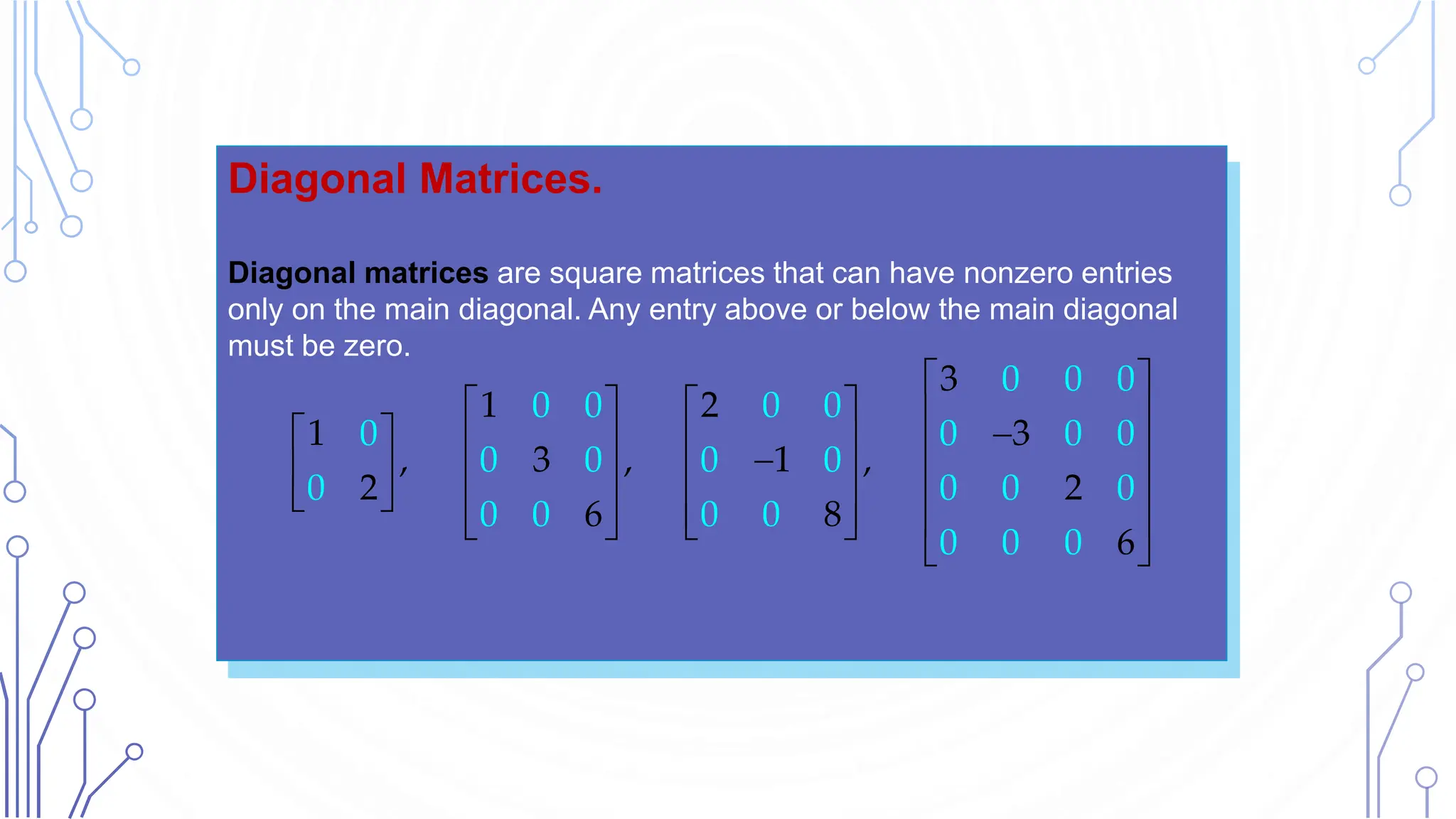 Diagonal Matrices.
Diagonal matrices are square matrices that can have nonzero entries
only on the main diagonal. Any entry above or below the main diagonal
must be zero.
 
     

       

       
       
   
 
0 0 0
0 0 0 0
0 0 0 0
0 0 0 0
0 0 0 0
0 0 0
3
1 2
1 3
, 3 , 1 ,
2 2
6 8
0
6
0 0 0
 
