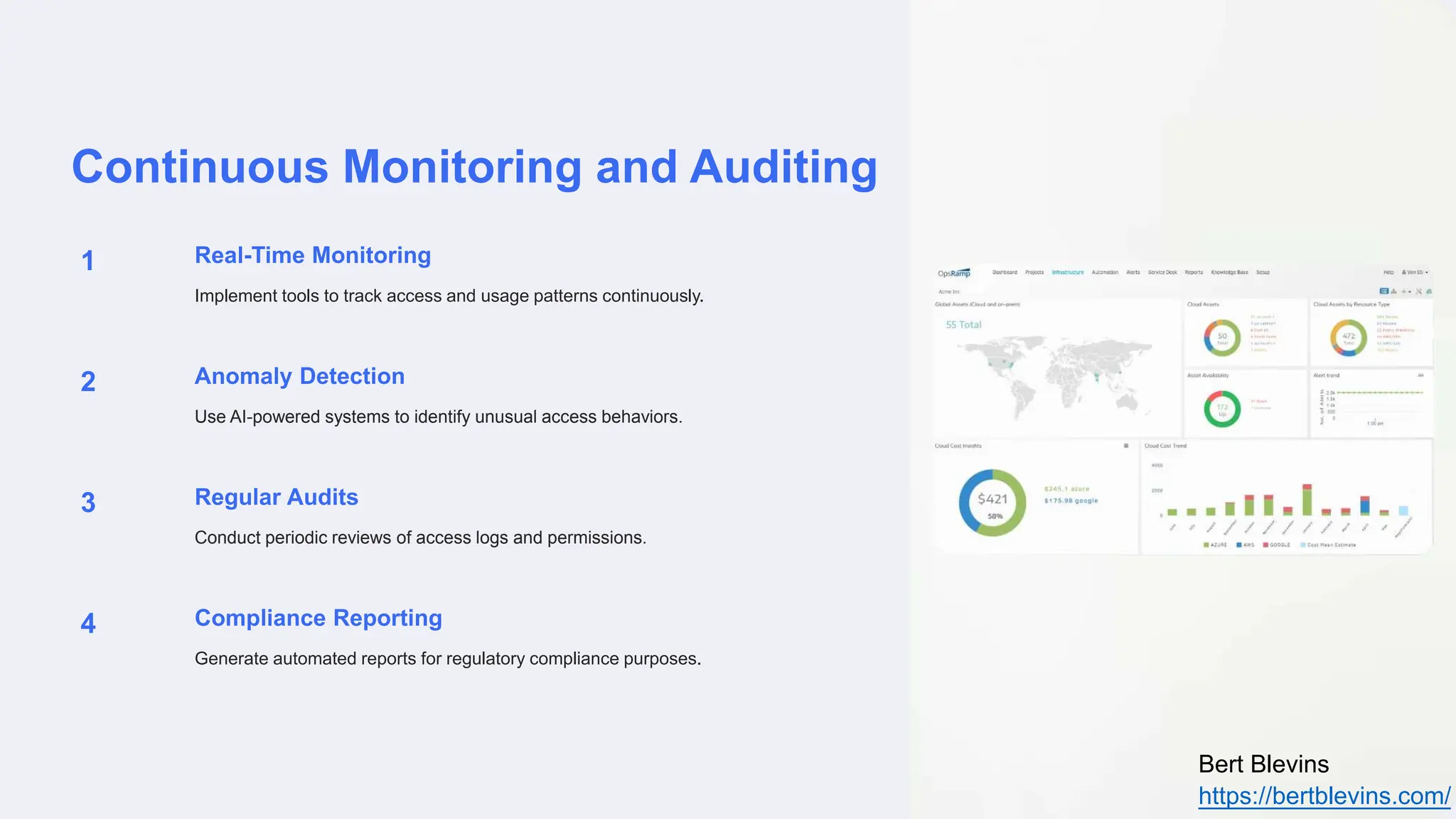 Continuous Monitoring and Auditing
1 Real-Time Monitoring
Implement tools to track access and usage patterns continuously.
2 Anomaly Detection
Use AI-powered systems to identify unusual access behaviors.
3 Regular Audits
Conduct periodic reviews of access logs and permissions.
4 Compliance Reporting
Generate automated reports for regulatory compliance purposes.
Bert Blevins
https://bertblevins.com/
 