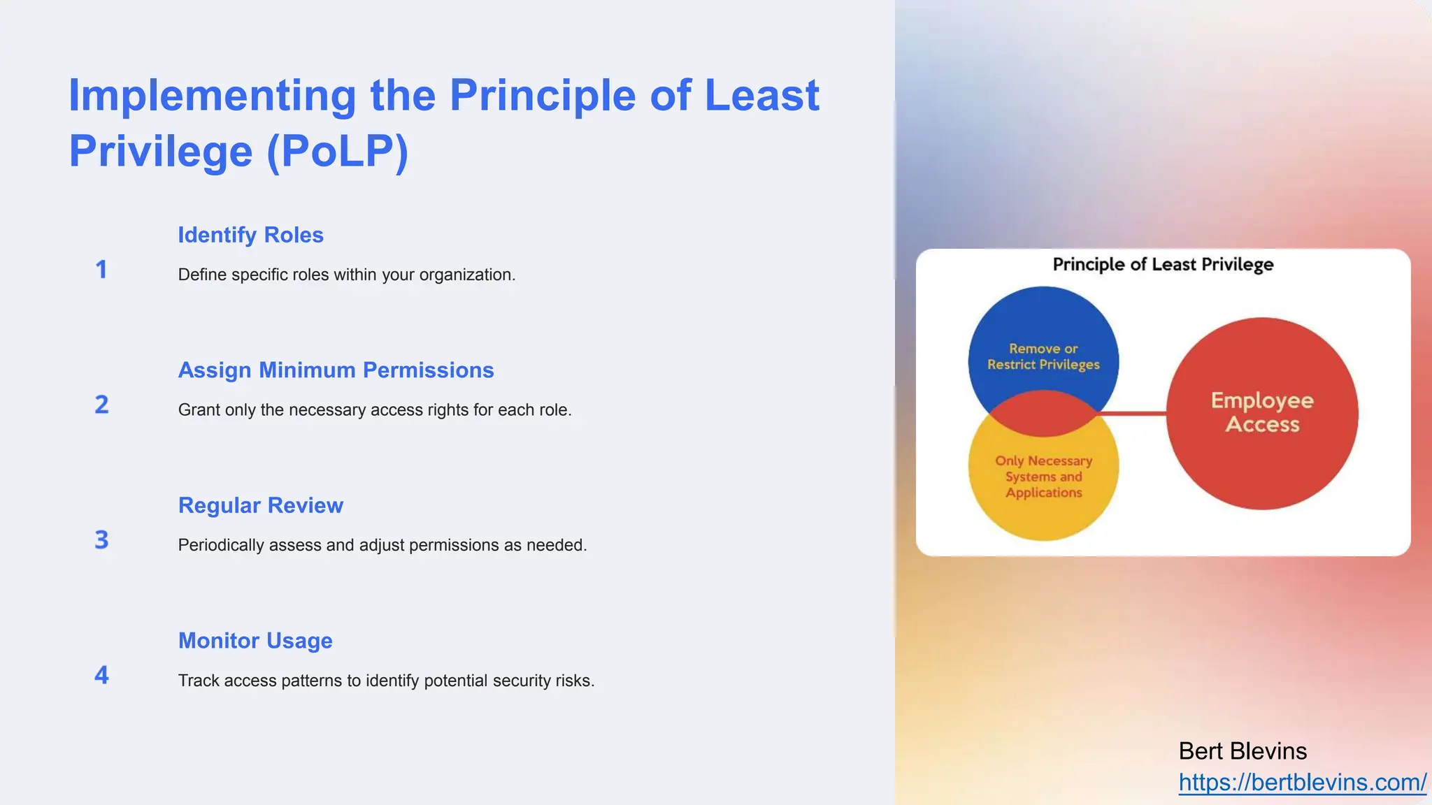 Implementing the Principle of Least
Privilege (PoLP)
Identify Roles
Define specific roles within your organization.
Assign Minimum Permissions
Grant only the necessary access rights for each role.
Regular Review
Periodically assess and adjust permissions as needed.
Monitor Usage
Track access patterns to identify potential security risks.
Bert Blevins
https://bertblevins.com/
 
