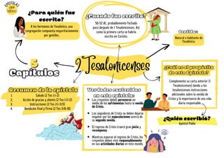 2Tesalonicenses
5
5
Capítulos
Complemente su carta anterior (1
Tesalonicenses) dando a los
tesalonicenses instrucciones
adicionales sobre la venida de
Cristo y la importancia de una vida
diaria responsable.
Apóstol Pablo
¿Quién escribió?
Resumen de la epístola
Saludo (2 Tes 1:1-2)
Acción de gracias y aliento (2 Tes 1:3-12)
Instrucciones (2 Tes 2:1-3:15)
Bendición final y firma (2 Tes 3:16-18)
1.
2.
3.
4.
E
PÍSTOLA
S
53º
Libro
¿Para quién fue
escrito?
A los hermanos de Tesalónica, una
congregación compuesta mayoritariamente
por gentiles.
50-52 dC, probablemente fechado
poco después de 1 Tesalonicenses. Así
como la primera carta se habría
escrito en Corinto.
¿Cuando fue escrito?
¿Cuál es el propósito
de esta Epístola?
Natural o habitante de
Tesalónica.
Sentido::
Verdades contenidas
en esta epístola:
Los creyentes deben perseverar en
medio de los sufrimientos hasta la venida
de Cristo.
Los seguidores de Cristo no deben dejarse
engañar por las especulaciones acerca de
su segunda venida.
El regreso de Cristo traerá gran juicio y
recompensa.
Mientras esperan el regreso de Cristo, los
creyentes deben vivir responsablemente
en sus actividades diarias en este mundo.
 
