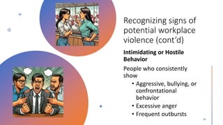 Recognizing signs of
potential workplace
violence (cont’d)
Intimidating or Hostile
Behavior
People who consistently
show
• Aggressive, bullying, or
confrontational
behavior
• Excessive anger
• Frequent outbursts
 