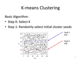 K-means Clustering
Basic Algorithm:
• Step 0: Select K
• Step 1: Randomly select initial cluster seeds
Seed 1
650
Seed 2
200
22
 