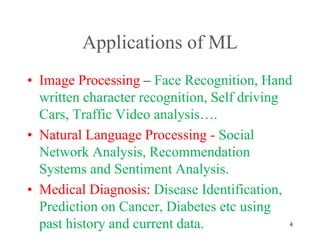 Applications of ML
• Image Processing – Face Recognition, Hand
written character recognition, Self driving
Cars, Traffic Video analysis….
• Natural Language Processing - Social
Network Analysis, Recommendation
Systems and Sentiment Analysis.
• Medical Diagnosis: Disease Identification,
Prediction on Cancer, Diabetes etc using
past history and current data. 4
 