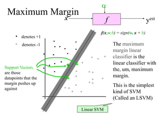 40
Maximum Margin
f
x
a
yest
denotes +1
denotes -1
f(x,w,b) = sign(w. x + b)
The maximum
margin linear
classifier is the
linear classifier with
the, um, maximum
margin.
This is the simplest
kind of SVM
(Called an LSVM)
Support Vectors
are those
datapoints that the
margin pushes up
against
Linear SVM
 