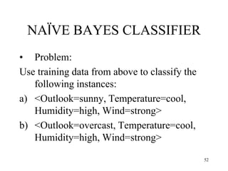 NAÏVE BAYES CLASSIFIER
• Problem:
Use training data from above to classify the
following instances:
a) <Outlook=sunny, Temperature=cool,
Humidity=high, Wind=strong>
b) <Outlook=overcast, Temperature=cool,
Humidity=high, Wind=strong>
52
 