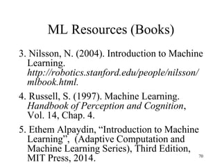 ML Resources (Books)
3. Nilsson, N. (2004). Introduction to Machine
Learning.
http://robotics.stanford.edu/people/nilsson/
mlbook.html.
4. Russell, S. (1997). Machine Learning.
Handbook of Perception and Cognition,
Vol. 14, Chap. 4.
5. Ethem Alpaydin, “Introduction to Machine
Learning”, (Adaptive Computation and
Machine Learning Series), Third Edition,
MIT Press, 2014. 70
 