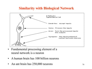 Similarity with Biological Network
• Fundamental processing element of a
neural network is a neuron
• A human brain has 100 billion neurons
• An ant brain has 250,000 neurons 74
 