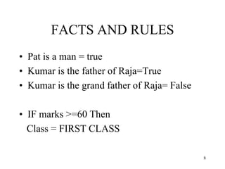 FACTS AND RULES
• Pat is a man = true
• Kumar is the father of Raja=True
• Kumar is the grand father of Raja= False
• IF marks >=60 Then
Class = FIRST CLASS
8
 