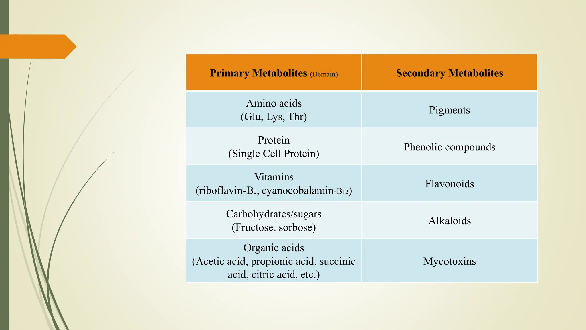 Primary Metabolites (Demain) Secondary Metabolites
Amino acids
(Glu, Lys, Thr)
Pigments
Protein
(Single Cell Protein)
Phenolic compounds
Vitamins
(riboflavin-B2, cyanocobalamin-B12)
Flavonoids
Carbohydrates/sugars
(Fructose, sorbose)
Alkaloids
Organic acids
(Acetic acid, propionic acid, succinic
acid, citric acid, etc.)
Mycotoxins
 
