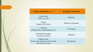 primary and secondary metabolites produced by microorganisms | PPTX
