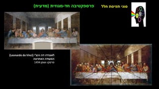 ‫חלל‬ ‫תפיסת‬ ‫סוגי‬
‫וינצ‬ ‫דה‬ ‫לאונרדו‬
'
‫י‬
(
Leonardo da Vinci
)
‫האחרונה‬ ‫הסעודה‬
‫ושמן‬ ‫פרסקו‬
1494
‫ג‬
'
‫פולוק‬ ‫קסון‬
(
Jackson Pollock
)
‫קיר‬ ‫ציור‬
–
‫בד‬ ‫על‬ ‫שמן‬
-
1943
‫חד‬ ‫פרספקטיבה‬
-
‫מגוזית‬
)
‫מדעית‬
(
 