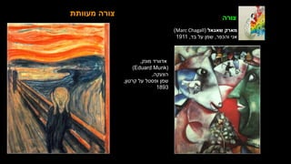 ‫מעוותת‬ ‫צורה‬ ‫צורה‬
‫מונק‬ ‫אדוורד‬
,
(
Eduard Munk
)
‫הצעקה‬
,
‫קרטון‬ ‫על‬ ‫ופסטל‬ ‫שמן‬
,
1893
‫שאגאל‬ ‫מארק‬
(
Marc Chagall
)
‫והכפר‬ ‫אני‬
,
‫בד‬ ‫על‬ ‫שמן‬
,
1911
 