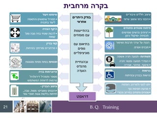 B. Q. Training
‫מרחבית‬ ‫בקרה‬
21
21
‫ויעוד‬ ‫שימוש‬
•
‫והתאמה‬ ‫שימושים‬ ‫תמהיל‬
‫בתכנית‬ ‫ליעוד‬
‫הבניה‬ ‫היקף‬
•
‫ומס‬ ‫גובה‬ ‫בניה‬ ‫שטחי‬ ‫לרבות‬
'
‫קומות‬
‫בניין‬ ‫קווי‬
•
‫בטיחות‬ ‫ומרחקי‬ ‫מרחביים‬
.
‫תכסיות‬
‫ומגוננות‬ ‫פנויות‬ ‫בנויות‬
‫בניה‬ ‫פרוגרמות‬
‫דירות‬ ‫ותמהיל‬ ‫מספר‬
/
‫יח‬
'
‫המשתמש‬ ‫לרווחת‬ ‫נורמות‬
‫הבניין‬ ‫עיצוב‬
-
•
‫עיצוביים‬ ‫היבטים‬
-
‫מסות‬
,
‫גובה‬
,,
‫גמר‬ ‫חומרי‬ ‫וגגות‬ ‫בליטות‬ ‫חזיתות‬
‫ציבוריים‬ ‫חללים‬ ‫עיצוב‬
•
‫עירוני‬ ‫ועיצוב‬ ‫בינוי‬ ‫היבטי‬
‫פתוחים‬ ‫שטחים‬ ‫פיתוח‬
•
‫שמישים‬ ‫נגישים‬ ‫רציפים‬
‫תכסיות‬
-
‫גינון‬ ‫שיקולי‬
‫ונטיעות‬
‫ושימור‬ ‫תרבות‬ ‫ערכי‬ ‫על‬ ‫הגנה‬
•
‫ועצים‬ ‫מבנים‬
.
‫תשתיות‬
-
‫אשפה‬ ‫חניה‬ ‫תנועה‬
•
‫חניה‬ ‫ומצאי‬ ‫תנועה‬ ‫הסדרי‬
•
‫איסוף‬
,
‫מחזור‬
,
‫אצירה‬
‫נגישות‬
-
‫ובפיתוח‬ ‫בבניין‬ ‫נגישות‬
‫הפתוח‬ ‫ולמרחב‬ ‫לנוף‬ ‫יחס‬
•
‫נוף‬ ‫חסימת‬ ‫מניעת‬
•
‫ציבורי‬ ‫במרחב‬ ‫פתוחים‬ ‫שטחים‬
‫היתרים‬ ‫בודק‬
‫אחראי‬
‫בהתייעצות‬
‫מומחים‬ ‫עם‬
‫עם‬ ‫בתיאום‬
‫גופים‬
‫מוניציפליים‬
‫ובהנחיית‬
‫מהנדס‬
‫הועדה‬
‫דראפט‬
 