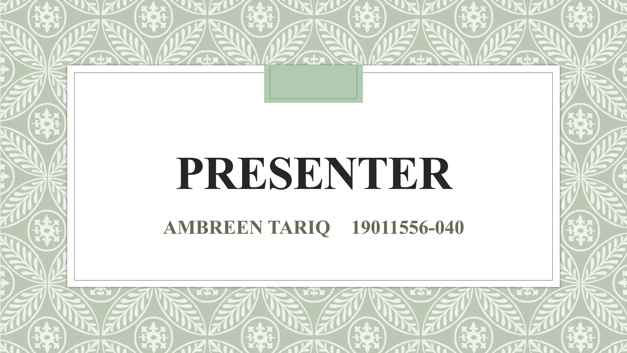 PRESENTER
AMBREEN TARIQ 19011556-040
 
