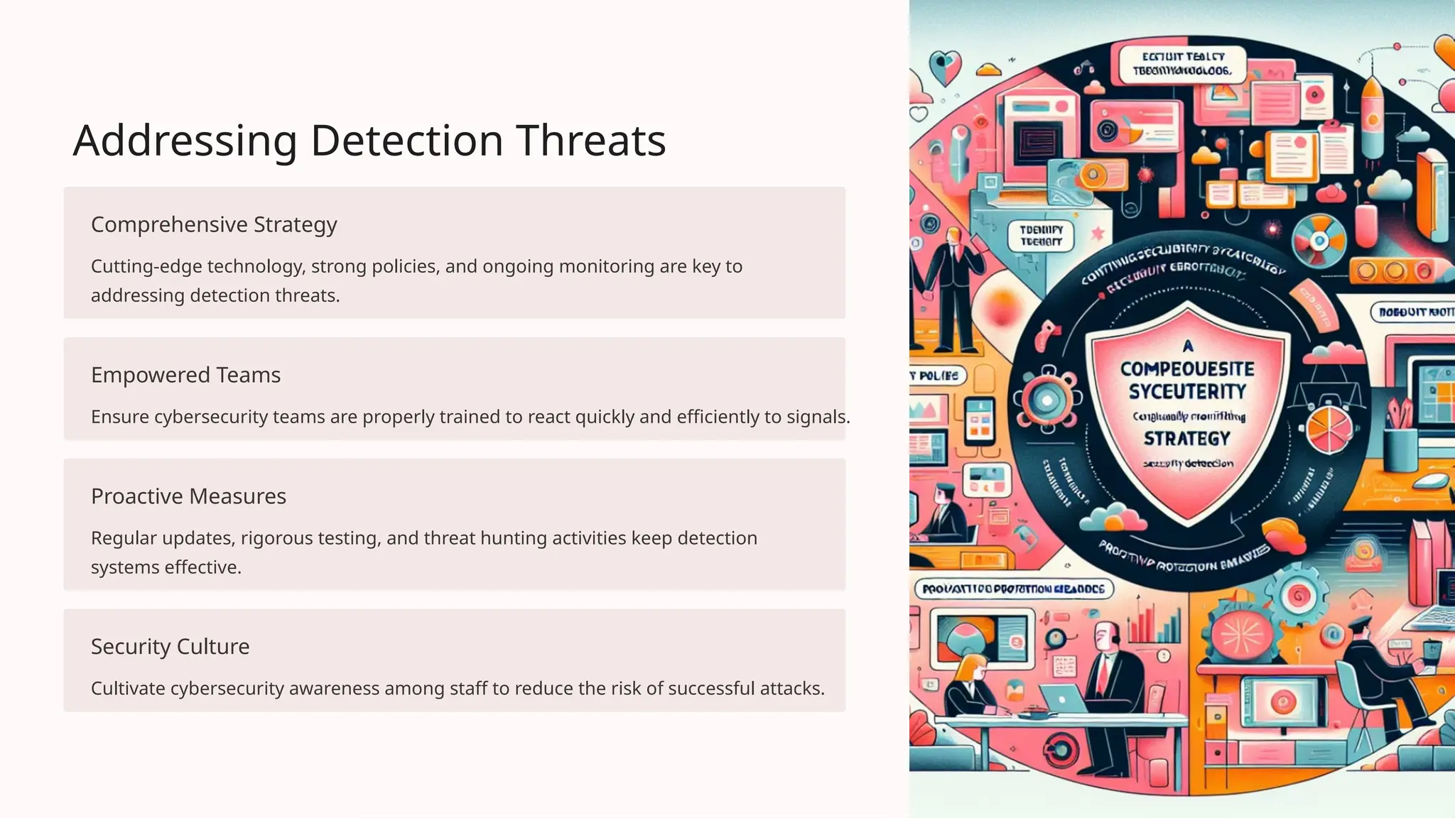 Addressing Detection Threats
Comprehensive Strategy
Cutting-edge technology, strong policies, and ongoing monitoring are key to
addressing detection threats.
Empowered Teams
Ensure cybersecurity teams are properly trained to react quickly and efficiently to signals.
Proactive Measures
Regular updates, rigorous testing, and threat hunting activities keep detection
systems effective.
Security Culture
Cultivate cybersecurity awareness among staff to reduce the risk of successful attacks.