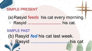 SIMPLE PRESENT
SIMPLE PAST
(a)Rasyid feeds his cat every morning.
 Rasyid …………………… his cat.
(b) Rasyid fed his cat last week.
 Rasyid ……………………. his cat
 