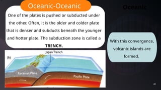 40
Oceanic
Oceanic-Oceanic
One of the plates is pushed or subducted under
the other. Often, it is the older and colder plate
that is denser and subducts beneath the younger
and hotter plate. The subduction zone is called a
TRENCH.
With this convergence,
volcanic islands are
formed.
 