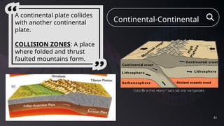 43
Continental-Continental
A continental plate collides
with another continental
plate.
COLLISION ZONES: A place
where folded and thrust
faulted mountains form.
 
