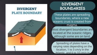 DIVERGENT
BOUNDARIES
Most divergent boundaries are
located at the oceanic ridges,
although some are on land,
Spreading of plates have a
varying rates depending on the
location, 1 to 3 cm/y in the
Atlantic, and 6 to 10 cm/y in
These plates are spreading
boundaries, where a new
oceanic crust is created from
magma.
 
