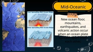 52
Mid-Oceanic
Ridge
New ocean floor,
mountains,
earthquakes, and
volcanic action occur
when an ocean plate
spreads apart from
each other.
 