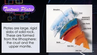 64
Tectonic Plates
Plates are large, rigid
slabs of solid rock.
These are formed
from the lithosphere:
the crust and the
upper mantle.
 