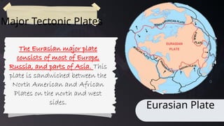 67
Major Tectonic Plates
Eurasian Plate
The Eurasian major plate
consists of most of Europe,
Russia, and parts of Asia. This
plate is sandwiched between the
North American and African
Plates on the north and west
sides.
 