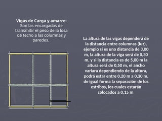 Vigas de Carga y amarre:
Son las encargadas de
transmitir el peso de la losa
de techo a las columnas y
paredes. La altura de las vigas dependerá de
la distancia entre columnas (luz),
ejemplo si es una distancia de 3,00
m, la altura de la viga será de 0,30
m, y si la distancia es de 5,00 m la
altura será de 0,50 m, el ancho
variara dependiendo de la altura,
podrá estar entre 0,20 m a 0,30 m,
de igual forma la separación de los
estribos, los cuales estarán
colocados a 0,15 m
 