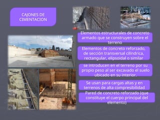 CAJONES DE
CIMENTACION
Se usan para cargas altas y en
terrenos de alta compresibilidad
Elementos de concreto reforzado,
de sección transversal cilíndrica,
rectangular, elipsoidal o similar
Pared de concreto reforzado (que
constituye el cuerpo principal del
elemento)
Elementos estructurales de concreto
armado que se construyen sobre el
terreno
se introducen en el terreno por su
propio peso al ser excavado el suelo
ubicado en su interior.
 