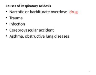 32
• Narcotic or barbiturate overdose- drug
• Trauma
• Infection
• Cerebrovascular accident
• Asthma, obstructive lung diseases
Causes of Respiratory Acidosis
 