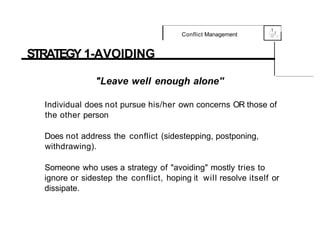 .1
Conflict Management 0
{....-,f,
,_
STRATEGY 1-AVOIDING
"Leave well enough alone''
Individual does not pursue his/her own concerns OR those of
the other person
Does not address the conflict (sidestepping, postponing,
withdrawing).
Someone who uses a strategy of "avoiding" mostly tries to
ignore or sidestep the conflict, hoping it will resolve itself or
dissipate.
 