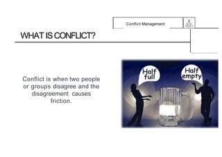 Conflict Management
WHAT ISCONFLICT?
Conflict is when two people
or groups disagree and the
disagreement causes
friction.
 