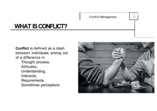 .1
Conflict Management 0
{....-,f,
,_
WHAT ISCONFLICT?
Conflict is defined as a clash
between individuals arising out
of a difference in
Thought process,
Attitudes,
Understanding,
Interests,
Requirements
Sometimes perceptions
 