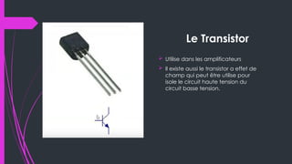 Le Transistor
 Utilise dans les amplificateurs
 Il existe aussi le transistor a effet de
champ qui peut être utilise pour
isole le circuit haute tension du
circuit basse tension.
 