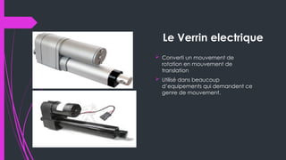 Le Verrin electrique
 Converti un mouvement de
rotation en mouvement de
translation
 Utilisé dans beaucoup
d’equipements qui demandent ce
genre de mouvement.
 