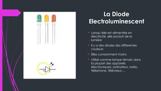 La Diode
Electroluminescent
 Lorsqu’elle est alimentée en
électricité, elle produit de la
lumière
 Il y a des diodes des differentes
couleurs
 Elles consomment moins
 Utilisé comme lampe témoin dans
la plupart des appareils
électroniques: ordinateur, radio,
téléphone, téléviseur,…
 