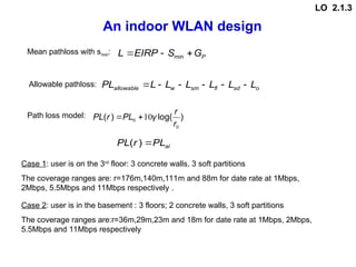 An indoor WLAN design
Mean pathloss with smin:
P
G
S
EIRP
L 

 min
o
sd
fl
sm
w
allowable L
L
L
L
L
L
PL 





Path loss model: )
log(
)
(
0
0 10
r
r
γ
PL
r
PL 

al
PL
r
PL 
)
(
The coverage ranges are:r=36m,29m,23m and 18m for date rate at 1Mbps, 2Mbps,
5.5Mbps and 11Mbps respectively
Allowable pathloss:
Case 1: user is on the 3rd
floor: 3 concrete walls, 3 soft partitions
The coverage ranges are: r=176m,140m,111m and 88m for date rate at 1Mbps,
2Mbps, 5.5Mbps and 11Mbps respectively .
Case 2: user is in the basement : 3 floors; 2 concrete walls, 3 soft partitions
LO 2.1.3
 