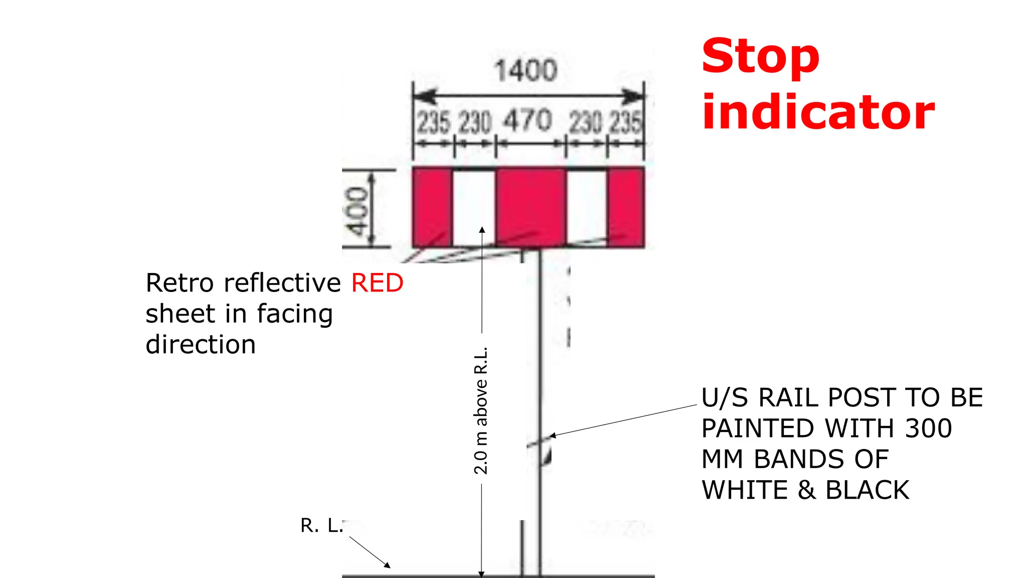 U/S RAIL POST TO BE
PAINTED WITH 300
MM BANDS OF
WHITE & BLACK
Stop
indicator
Retro reflective RED
sheet in facing
direction
R. L.
2.0
m
above
R.L.
 