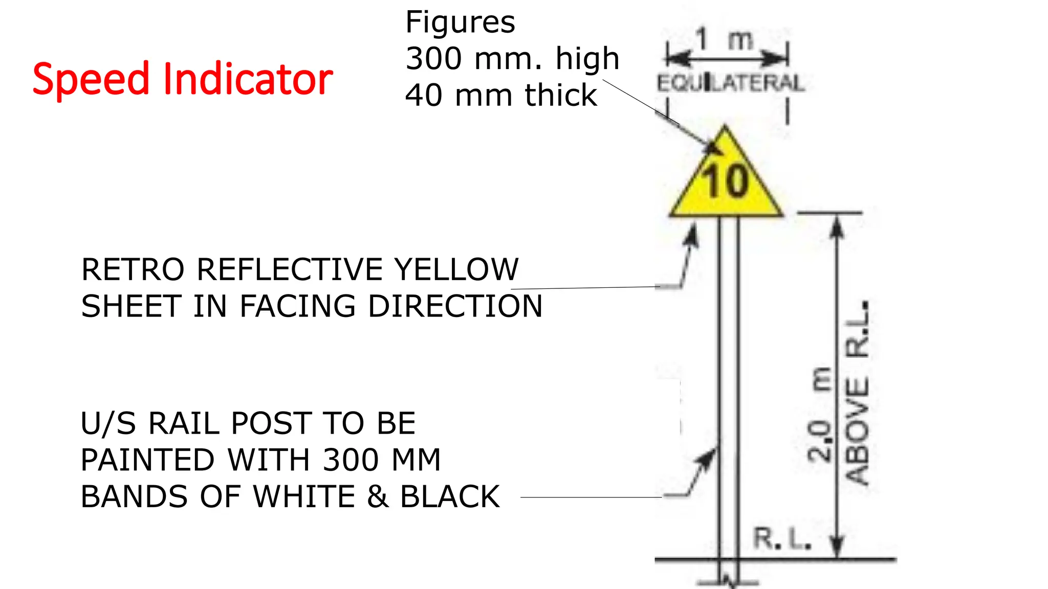 Speed Indicator
Figures
300 mm. high
40 mm thick
RETRO REFLECTIVE YELLOW
SHEET IN FACING DIRECTION
U/S RAIL POST TO BE
PAINTED WITH 300 MM
BANDS OF WHITE & BLACK
 