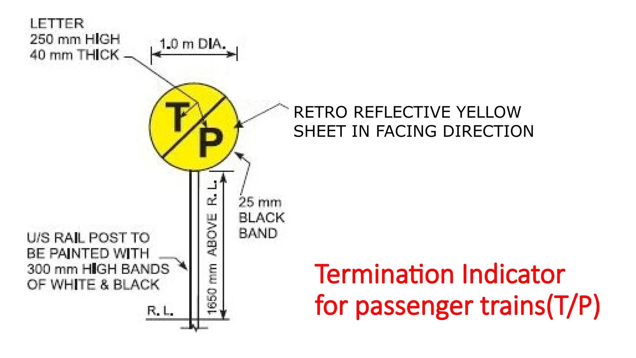 Termination Indicator
for passenger trains(T/P)
RETRO REFLECTIVE YELLOW
SHEET IN FACING DIRECTION
 