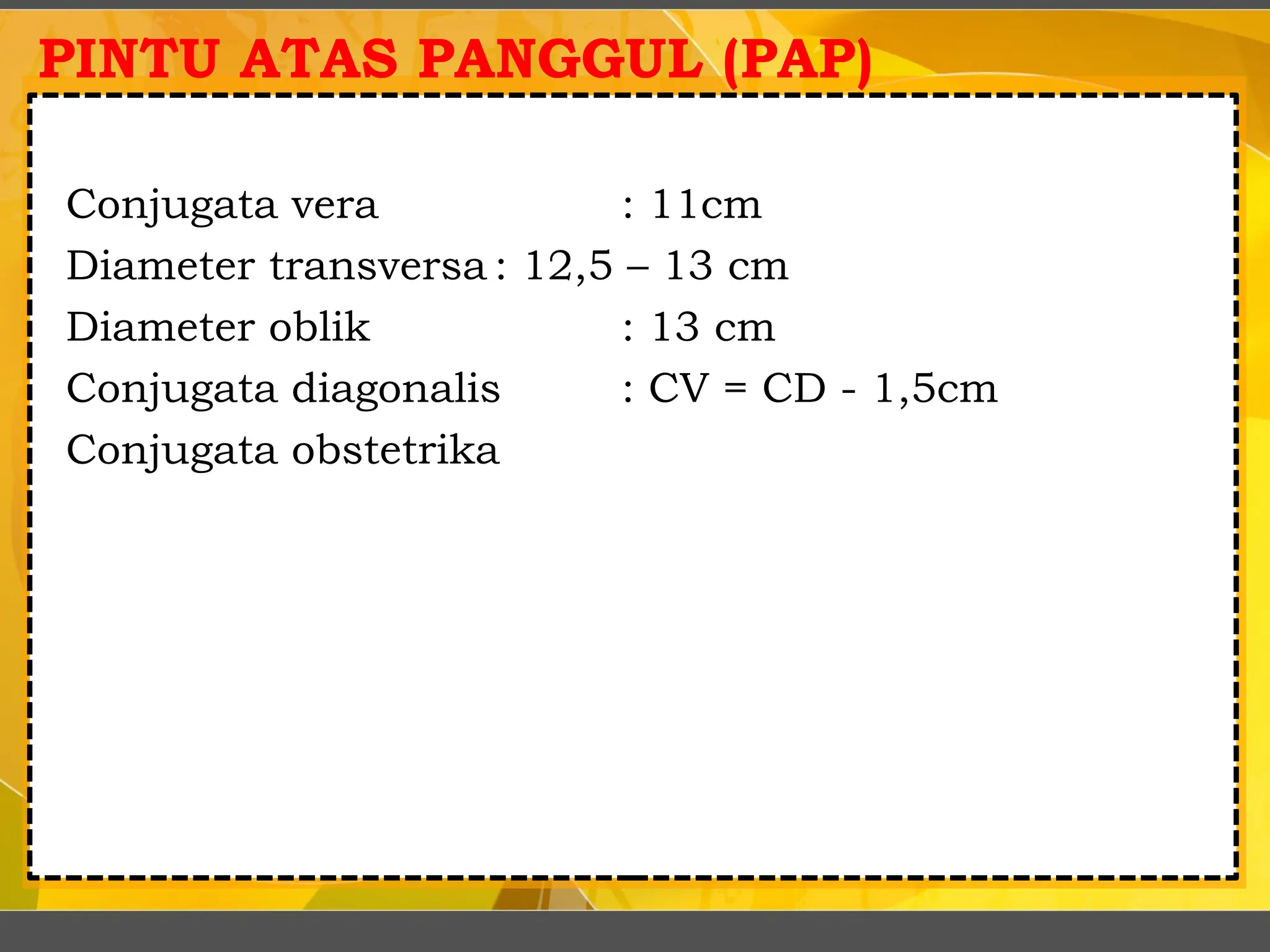 PINTU ATAS PANGGUL (PAP)
Conjugata vera : 11cm
Diameter transversa : 12,5 – 13 cm
Diameter oblik : 13 cm
Conjugata diagonalis : CV = CD - 1,5cm
Conjugata obstetrika
 