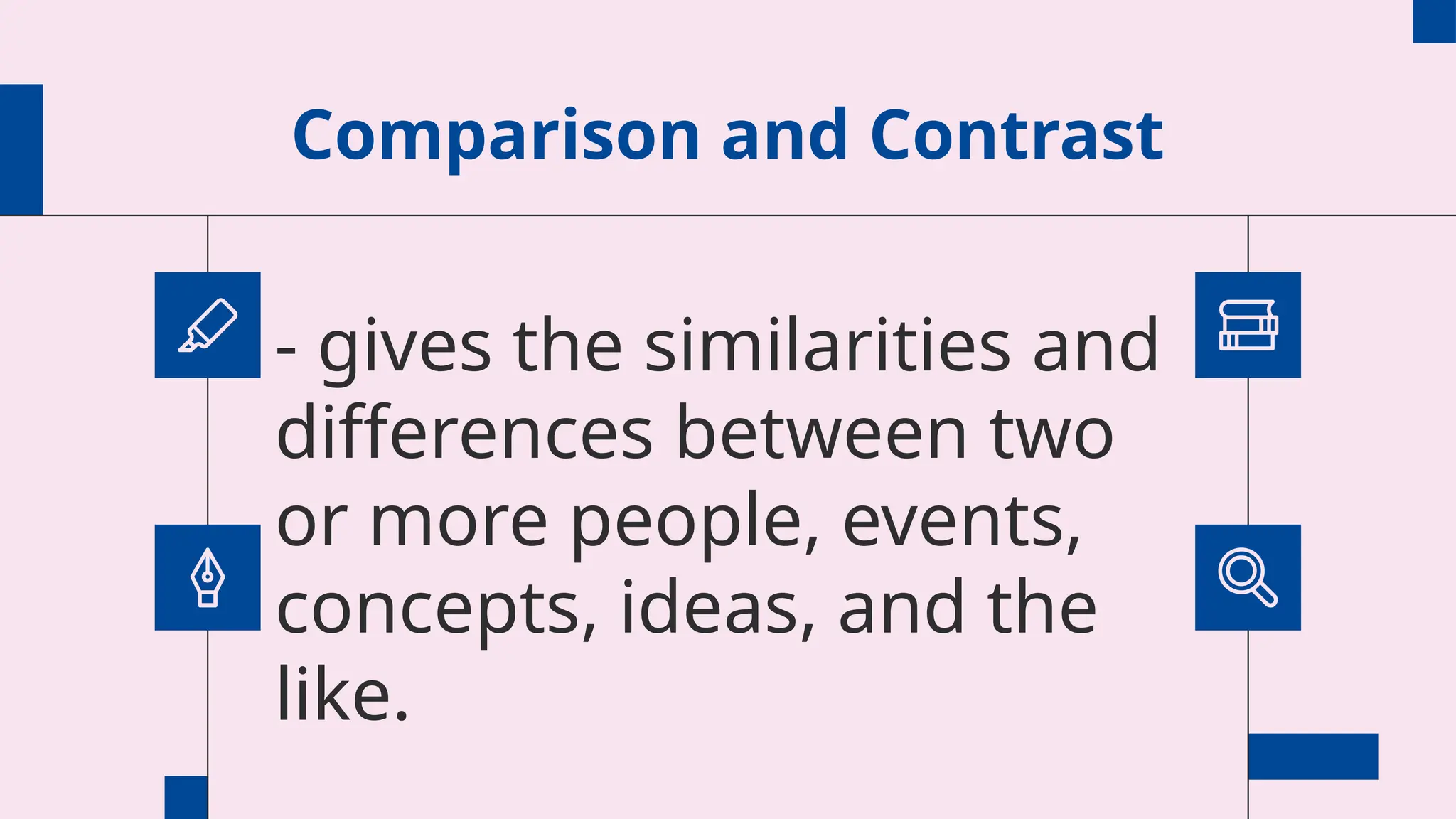 Comparison and Contrast
- gives the similarities and
differences between two
or more people, events,
concepts, ideas, and the
like.
 