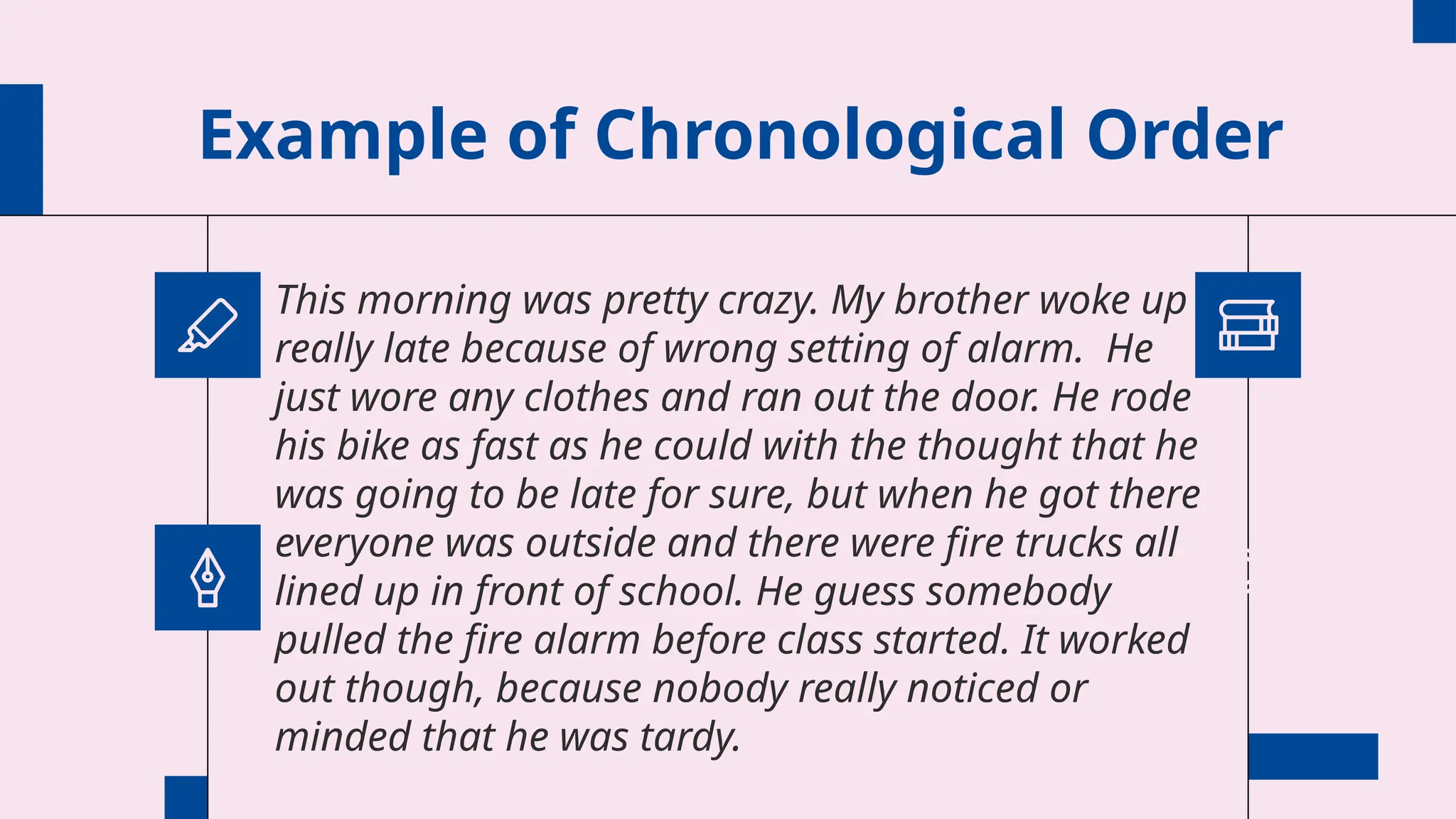 Example of Chronological Order
This morning was pretty crazy. My brother woke up
really late because of wrong setting of alarm. He
just wore any clothes and ran out the door. He rode
his bike as fast as he could with the thought that he
was going to be late for sure, but when he got there
everyone was outside and there were fire trucks all
lined up in front of school. He guess somebody
pulled the fire alarm before class started. It worked
out though, because nobody really noticed or
minded that he was tardy.
 