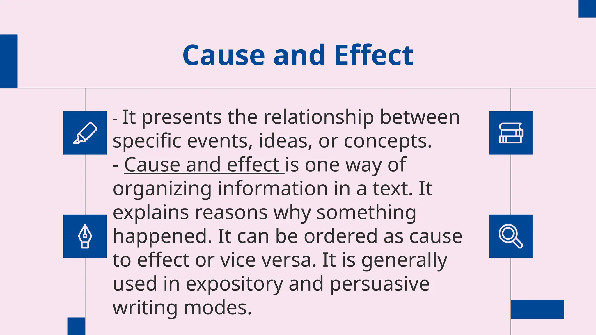Cause and Effect
- It presents the relationship between
specific events, ideas, or concepts.
- Cause and effect is one way of
organizing information in a text. It
explains reasons why something
happened. It can be ordered as cause
to effect or vice versa. It is generally
used in expository and persuasive
writing modes.
 