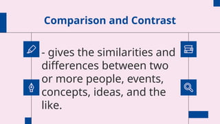 Comparison and Contrast
- gives the similarities and
differences between two
or more people, events,
concepts, ideas, and the
like.
 
