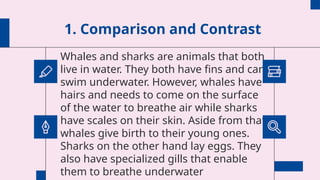 1. Comparison and Contrast
Whales and sharks are animals that both
live in water. They both have fins and can
swim underwater. However, whales have
hairs and needs to come on the surface
of the water to breathe air while sharks
have scales on their skin. Aside from that,
whales give birth to their young ones.
Sharks on the other hand lay eggs. They
also have specialized gills that enable
them to breathe underwater
 