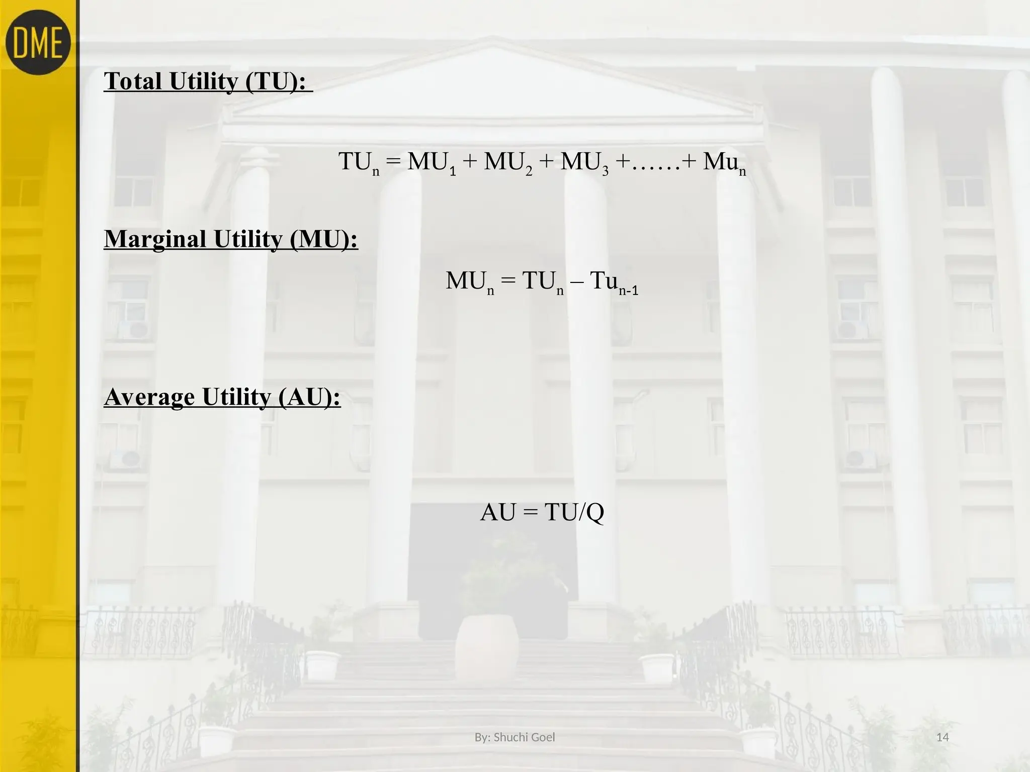 Total Utility (TU):
TUn = MU1 + MU2 + MU3 +……+ Mun
Marginal Utility (MU):
MUn = TUn – Tun-1
Average Utility (AU):
AU = TU/Q
By: Shuchi Goel 14
 
