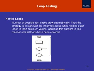 © Oxford University Press 2011. All rights reserved.
19
Nested Loops
Number of possible test cases grow geometrically. Thus the
strategy is to start with the innermost loops while holding outer
loops to their minimum values. Continue this outward in this
manner until all loops have been covered
Loop Testing
 